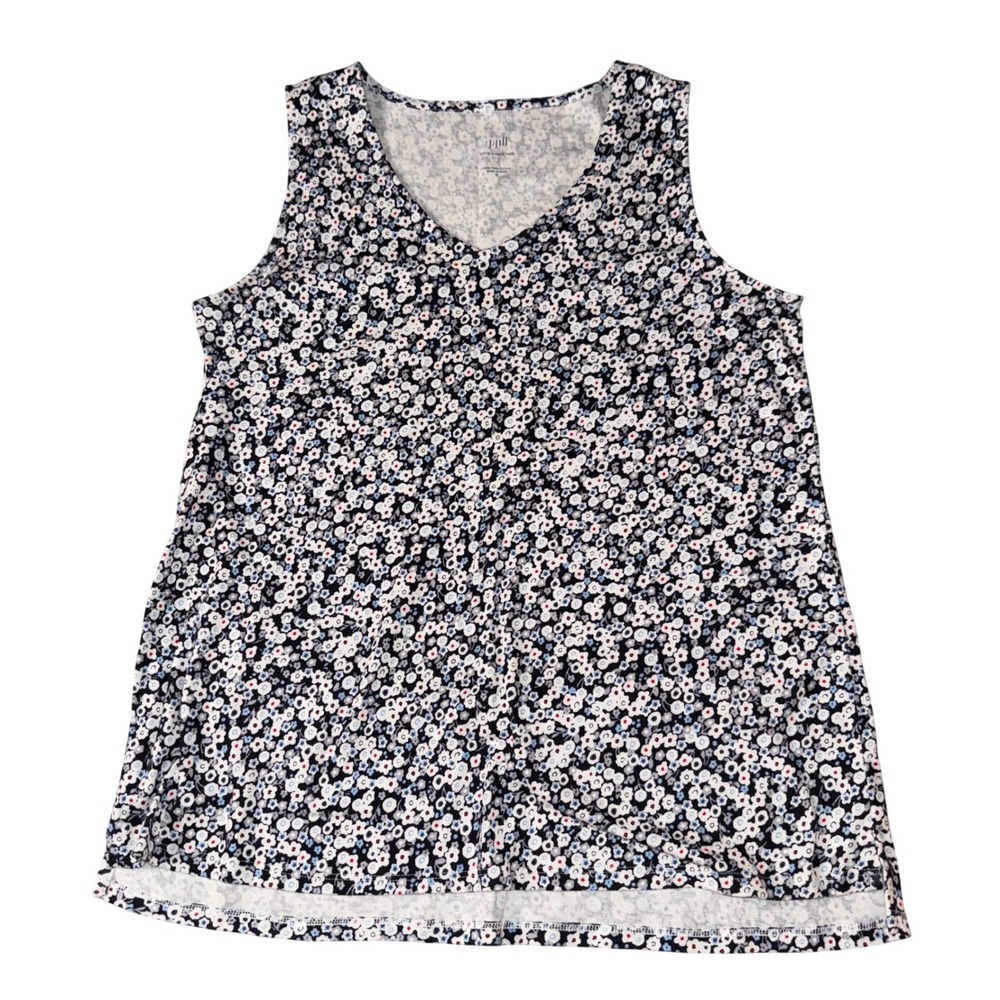 J. Jill Pima V-Neck Tank Top Small Blue Red White Floral Sleeveless Cotton Shell